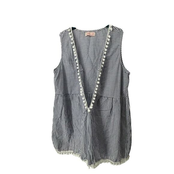 Blush Pom Pom Sleeveless Top Blue White Striped Deep Adjustable V Neck Womens L - Picture 2 of 10